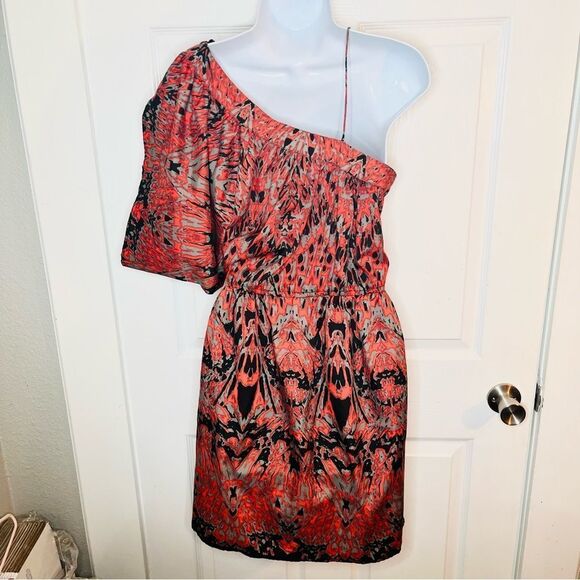 Angie One Shoulder Mini Dress Split Sleeve Feather Print Metal Bead Red Black S - Picture 7 of 10